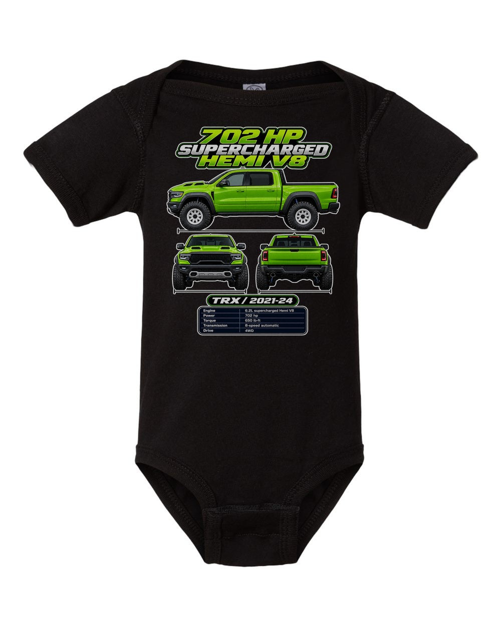 RAM 1500 Trx spec sheet black baby onesie front view