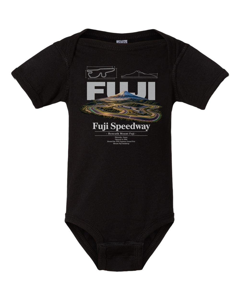 Fuji Speedway black baby onesie front view