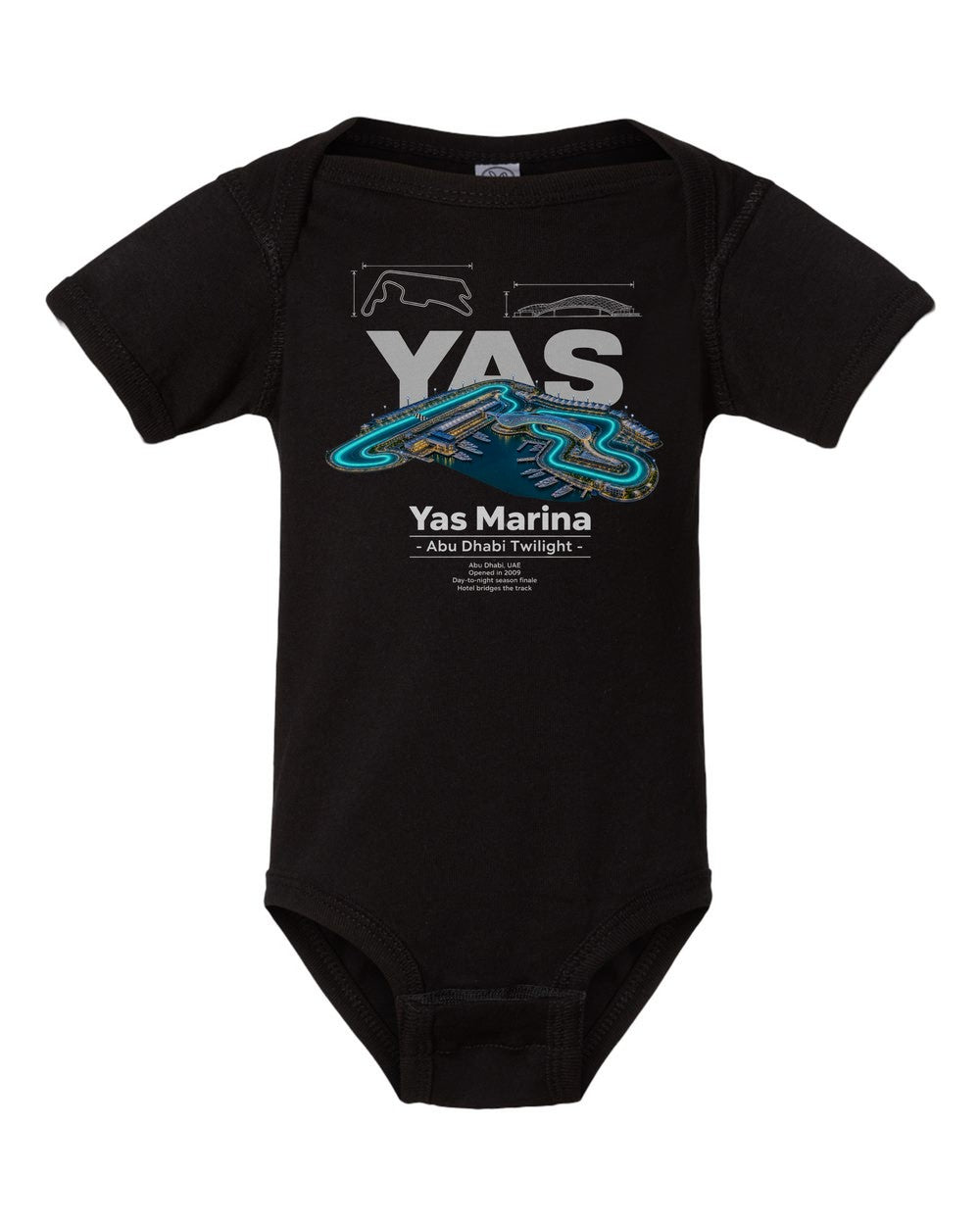Yas Marina black baby onesie front view