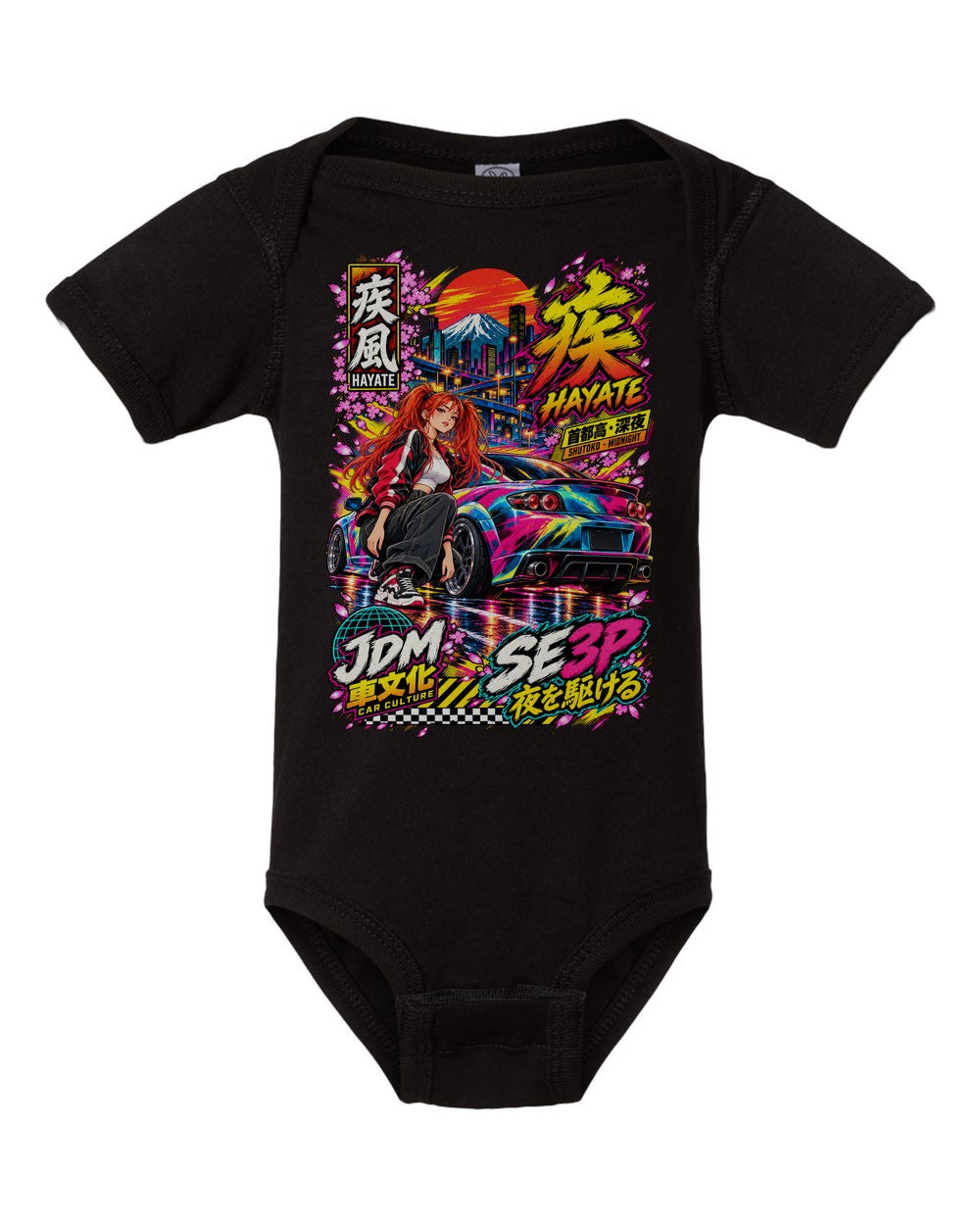 HAYATE SE3P black baby onesie front view with artwork
