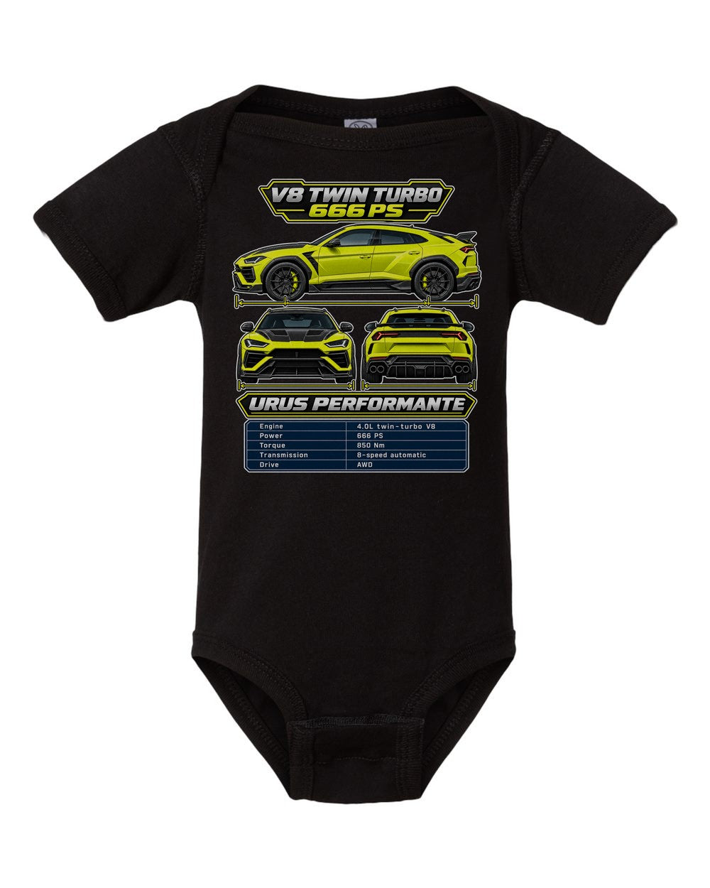 Lamborghini Urus Performante spec sheet black baby onesie front view