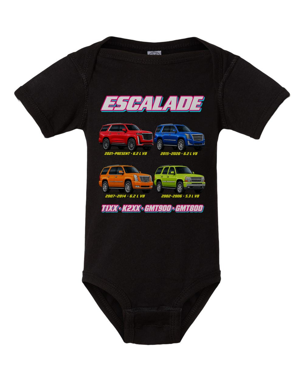 Cadillac Escalade evolution poster black baby onesie front view