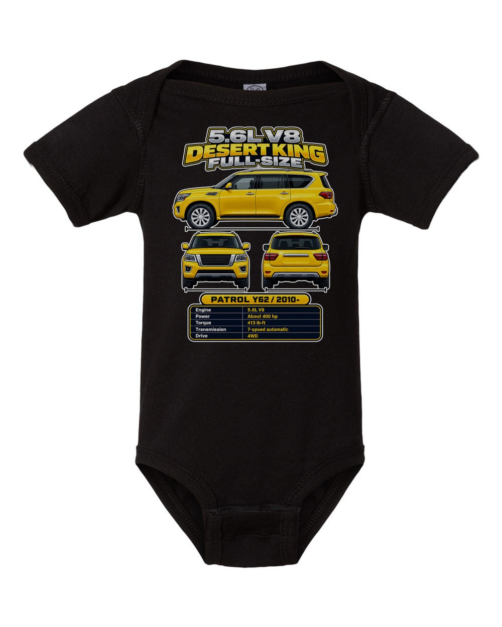 Nissan Patrol Y62 spec sheet black baby onesie front view