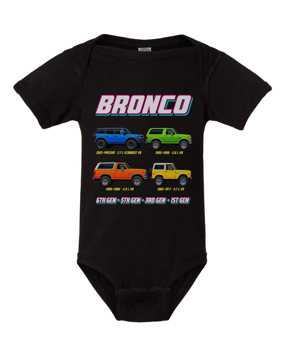 Ford Bronco evolution poster black baby onesie front view