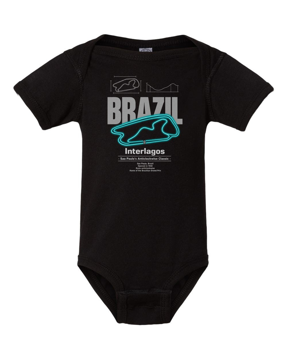 Interlagos black baby onesie front view