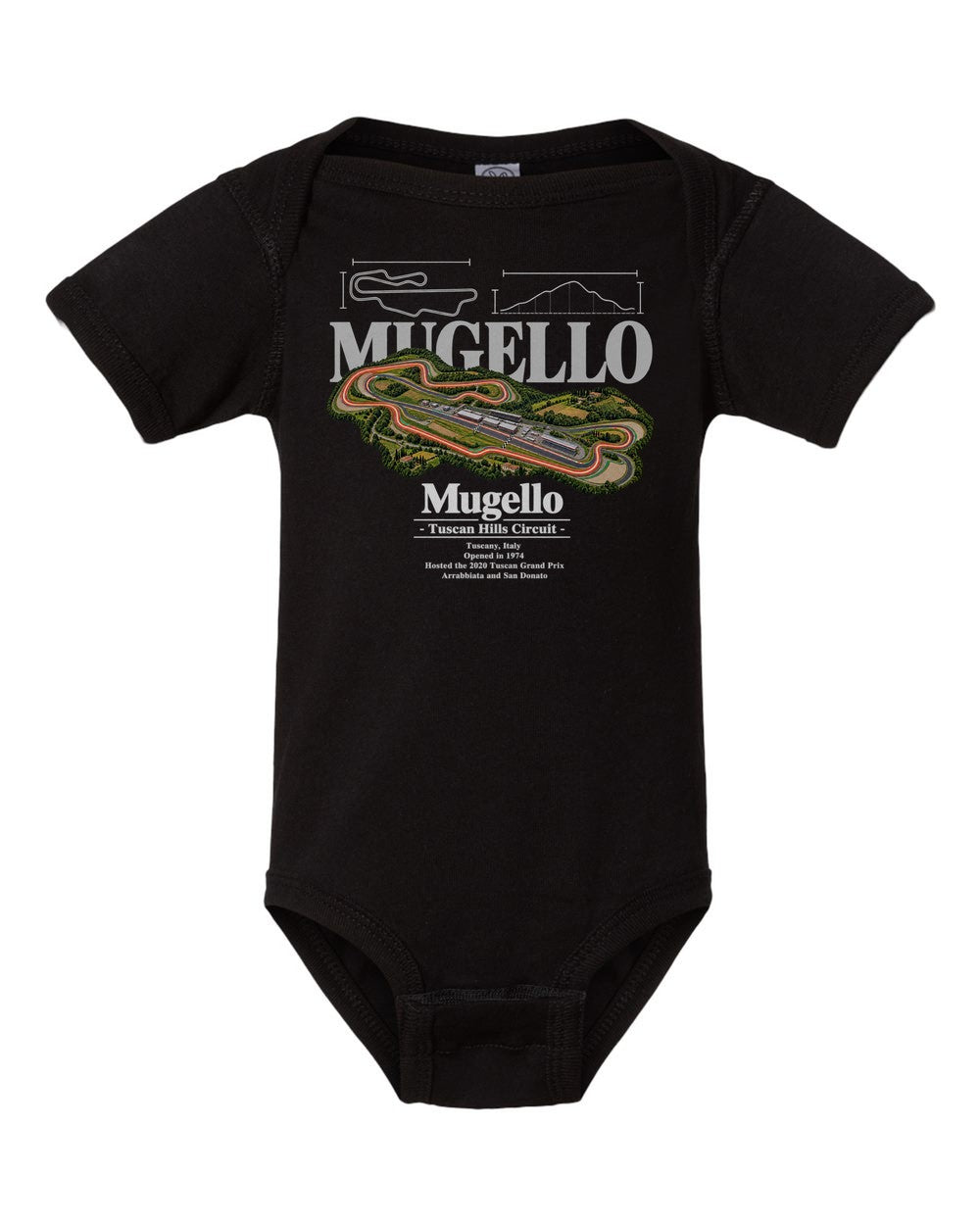 Mugello black baby onesie front view