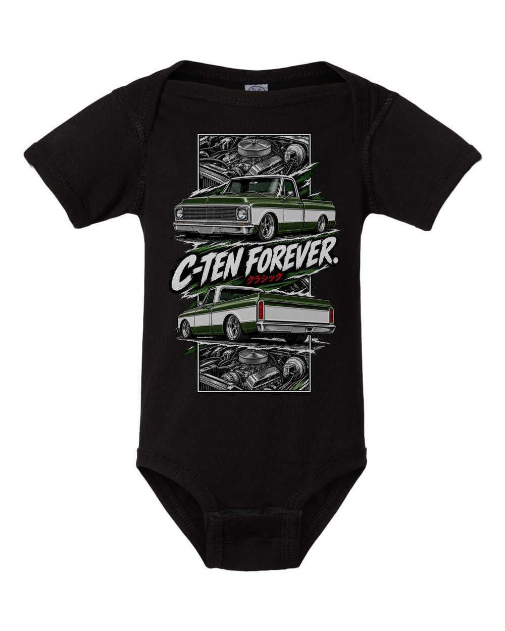 Chevy C10 1972 torn poster black baby onesie front view