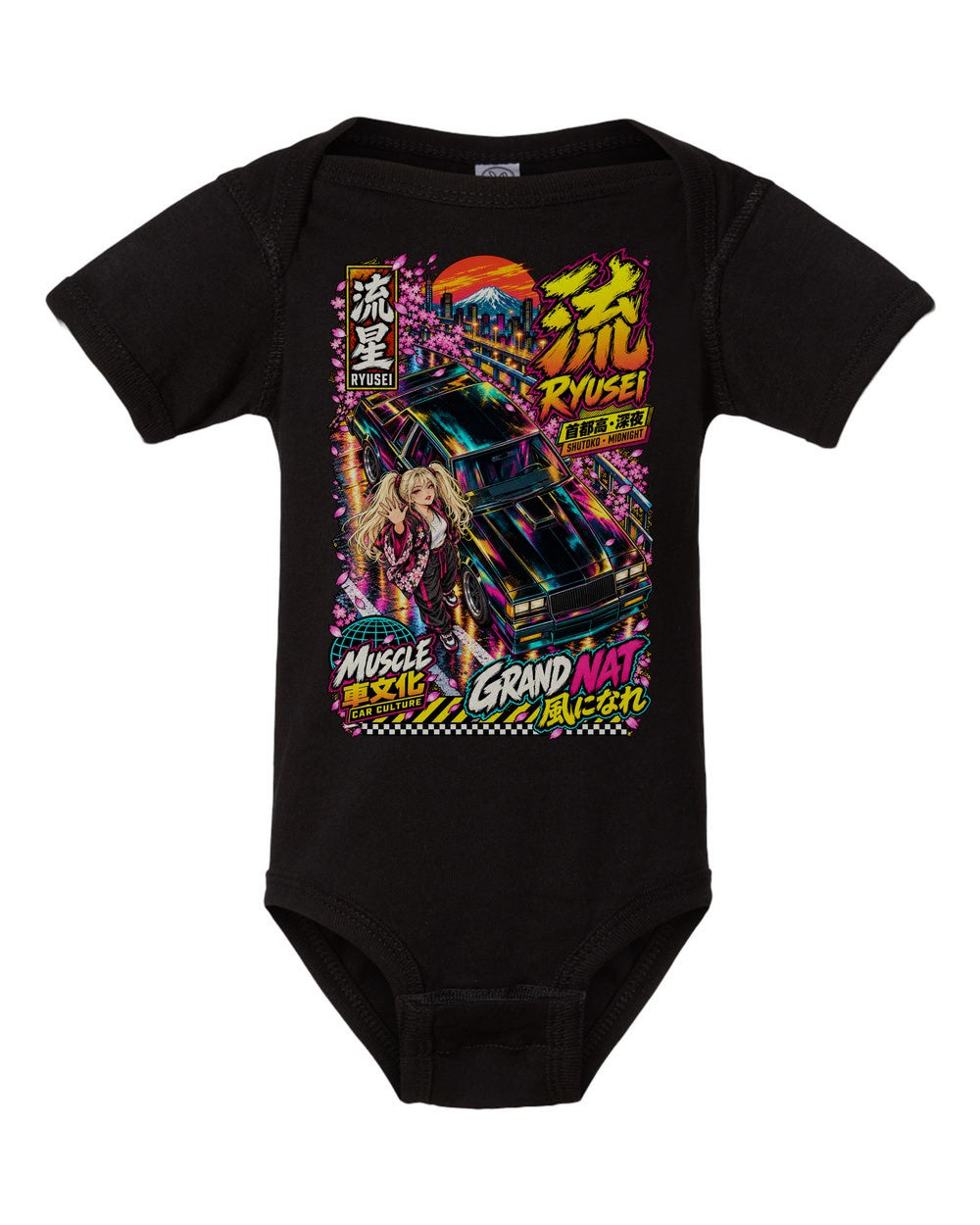 RYUSEI GRAND NAT black baby onesie front view with artwork