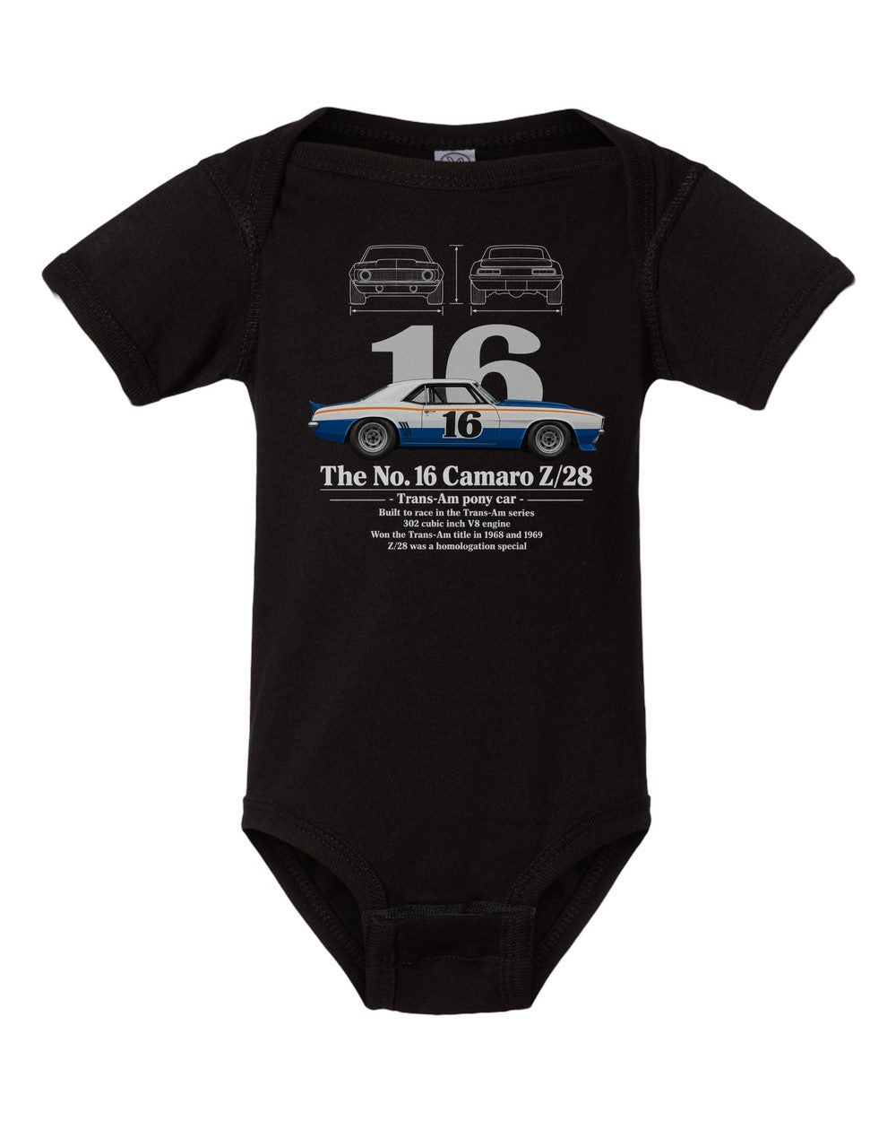 No. 16 Camaro Z/28 black baby onesie front view