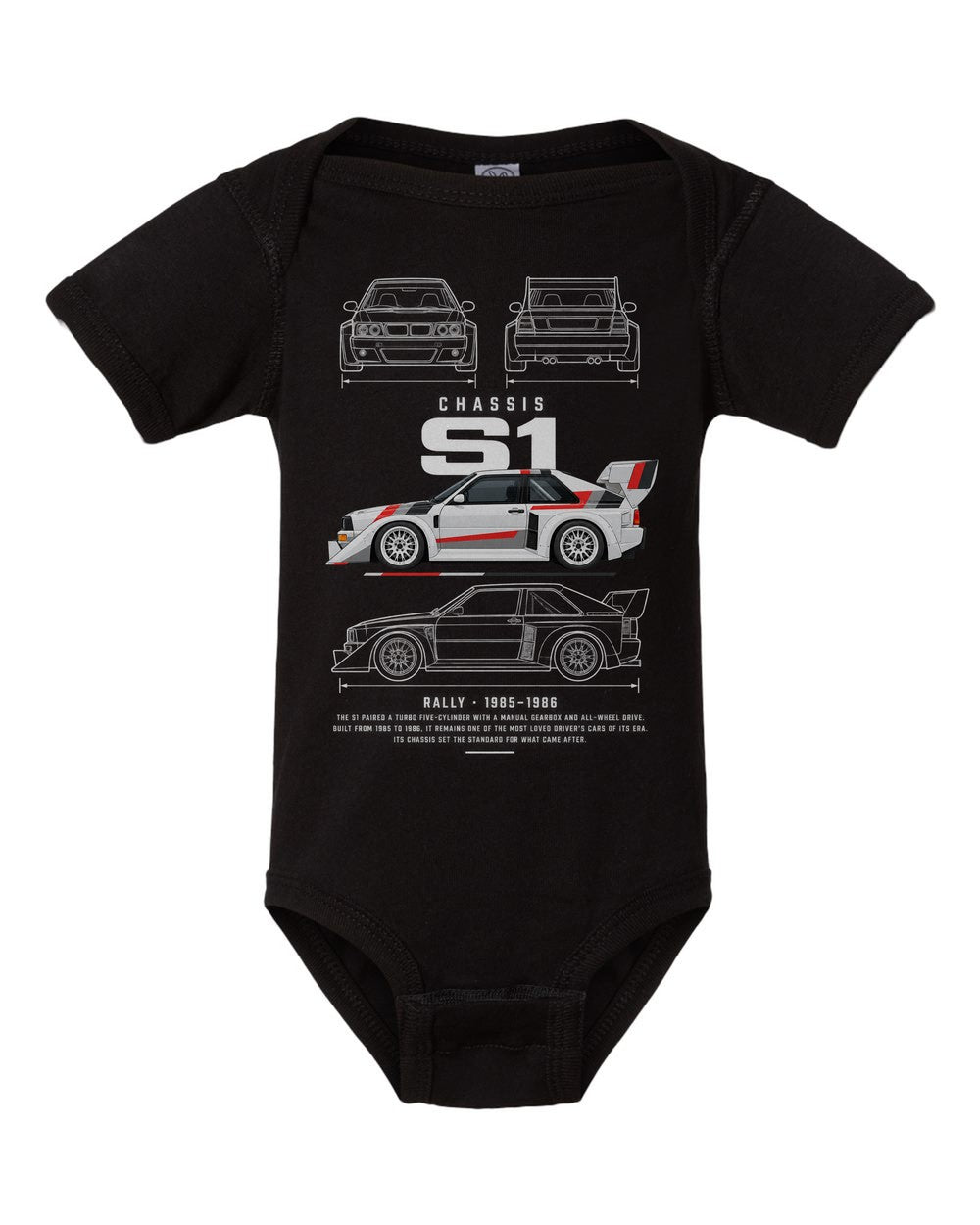 S1 artwork black baby onesie front view