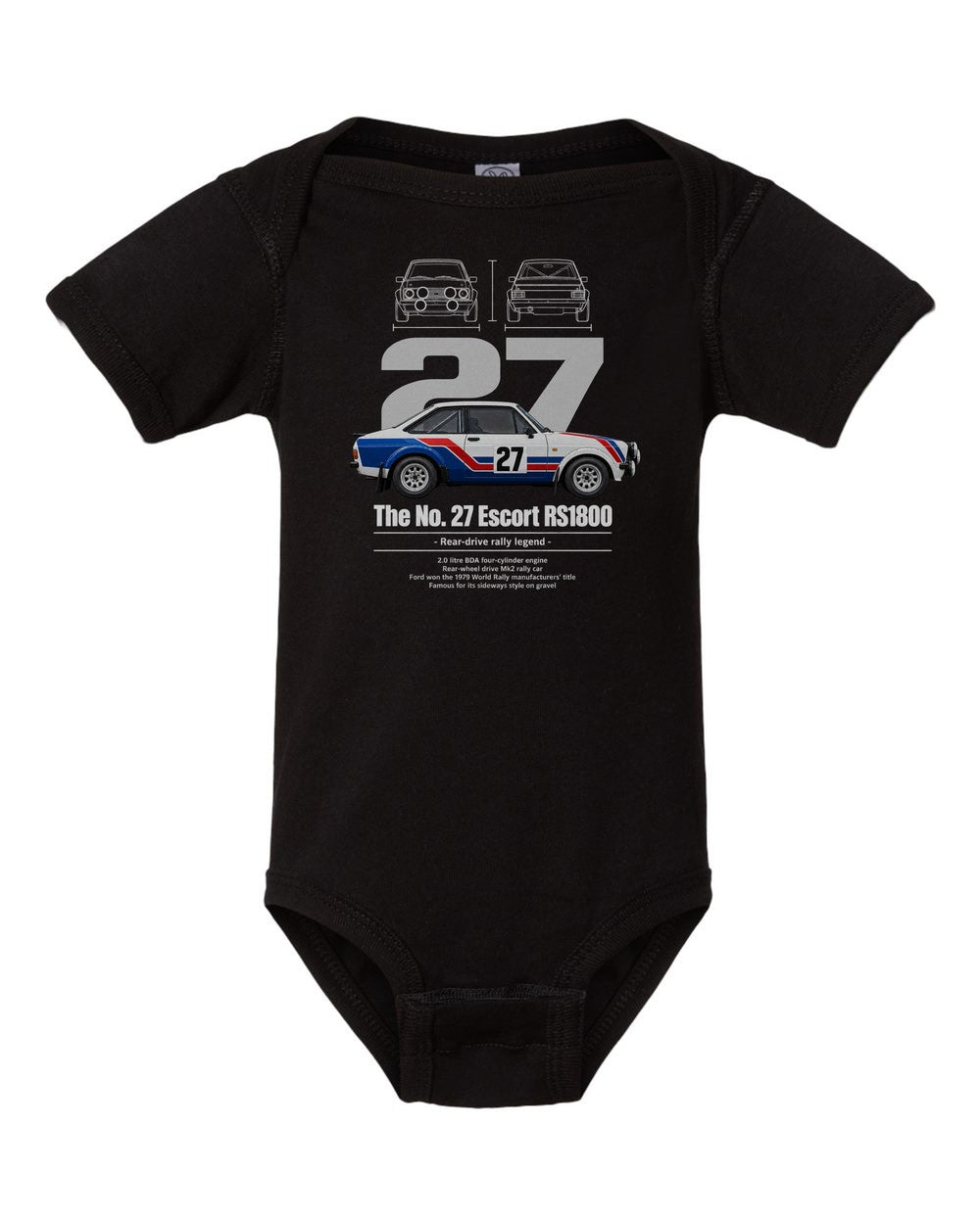 No. 27 Escort RS1800 black baby onesie front view