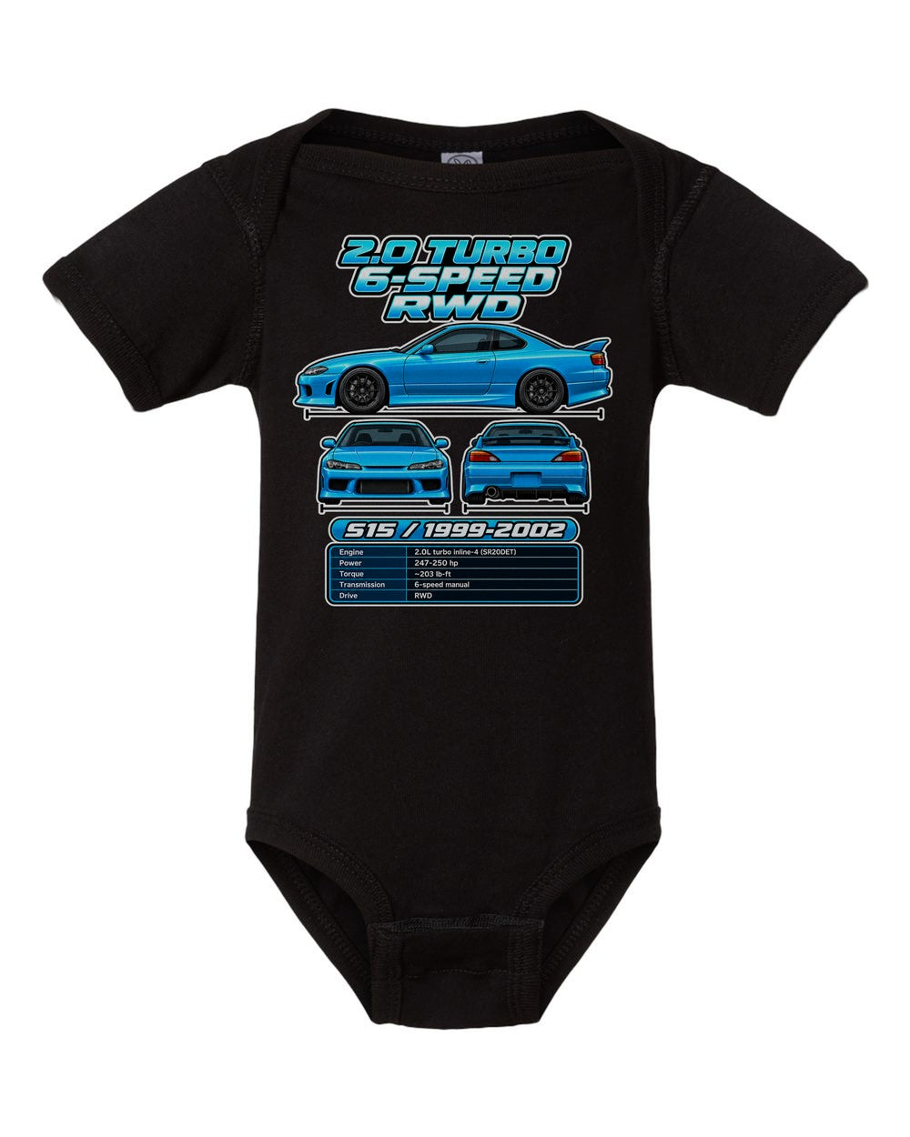 Nissan Silvia S15 spec sheet black baby onesie front view