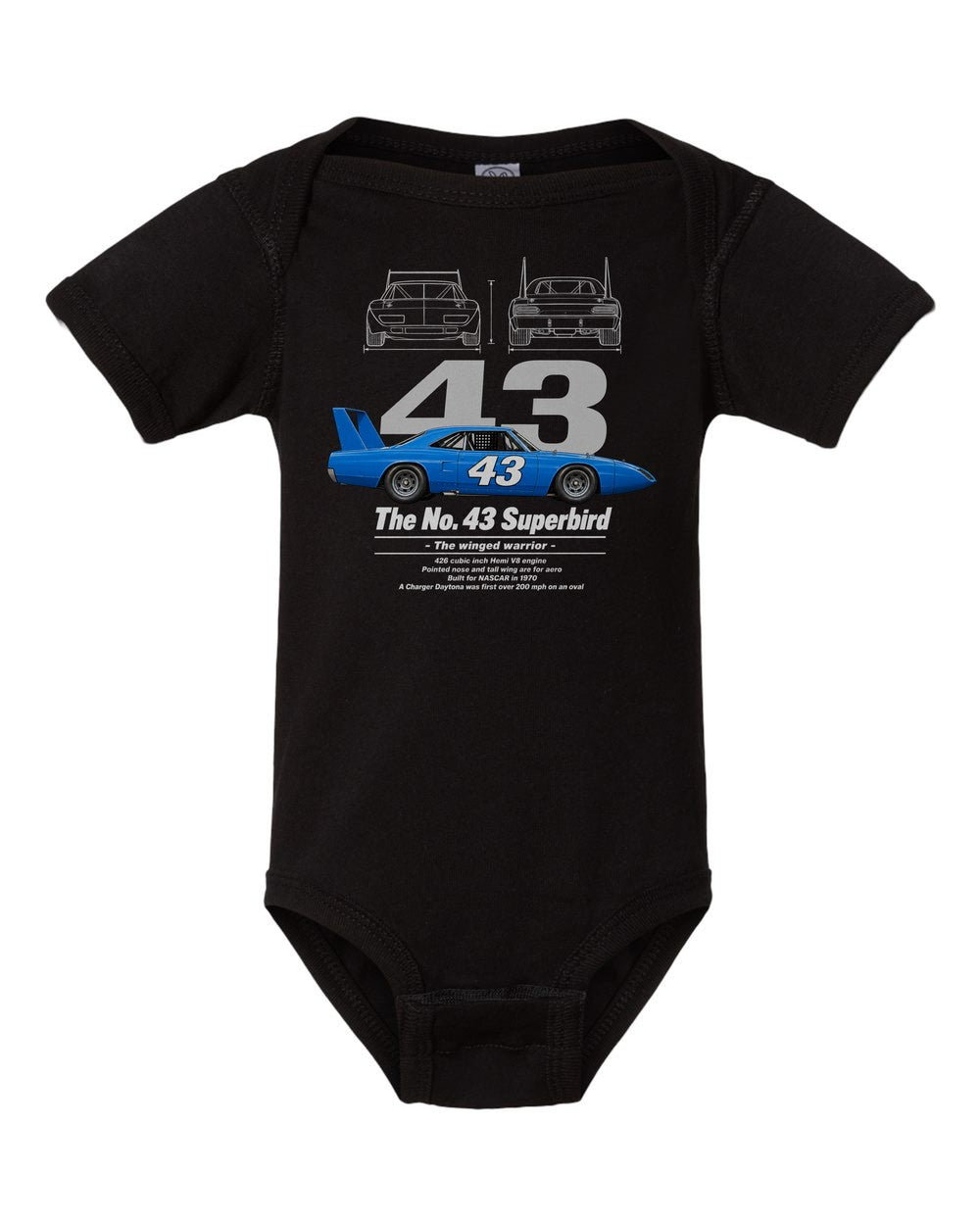 No. 43 Superbird black baby onesie front view