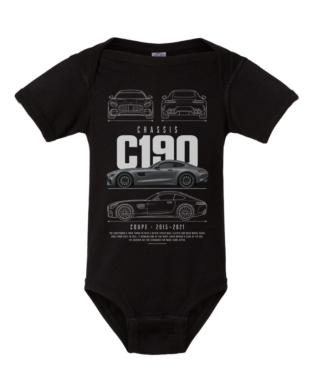 C190 artwork black baby onesie front view