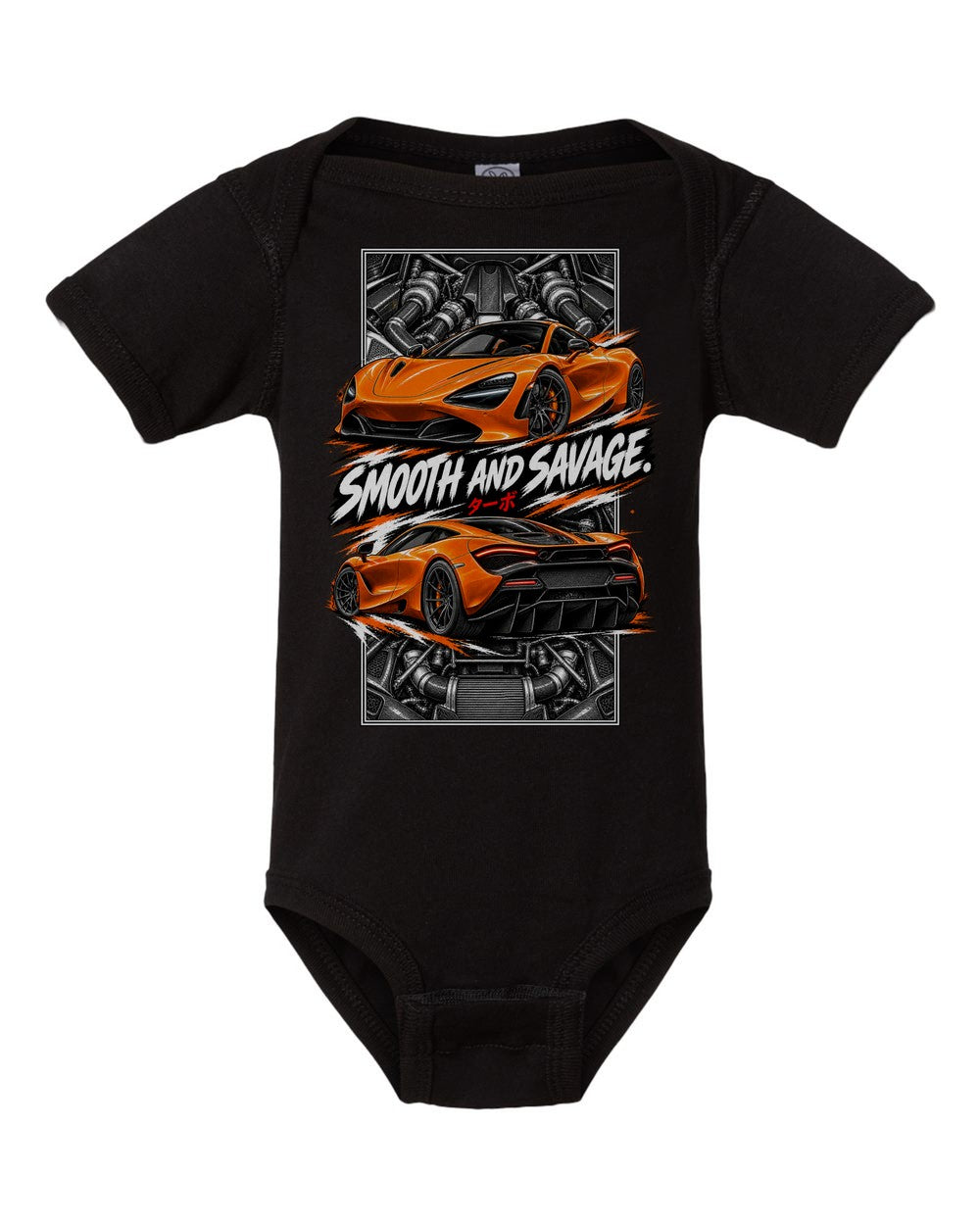 Mclaren 720S torn poster black baby onesie front view