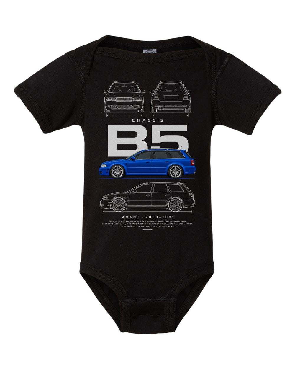 B5 artwork black baby onesie front view