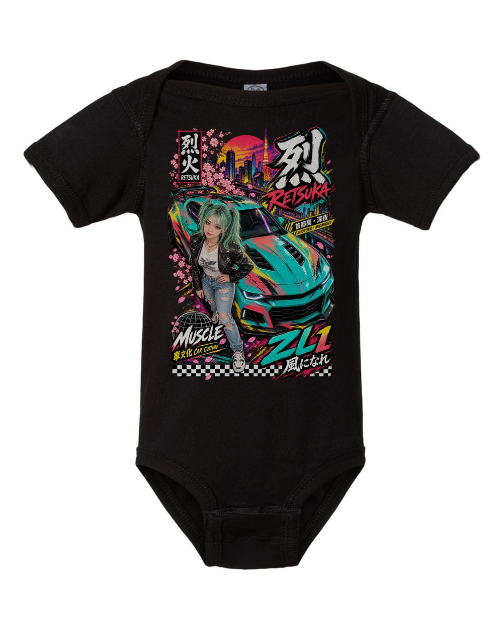 RETSUKA ZL1 black baby onesie front view with artwork
