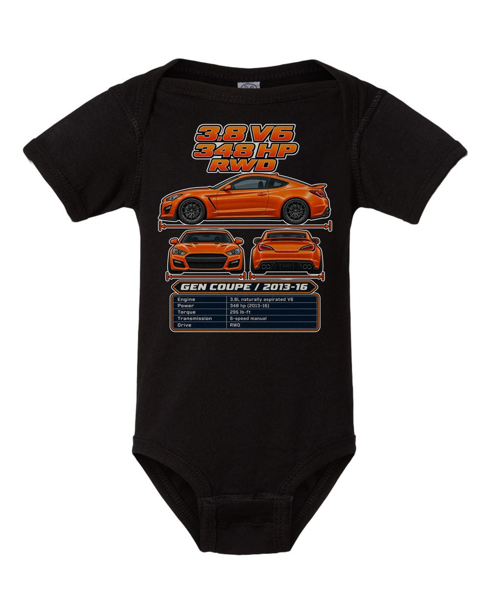 Hyundai Genesis Coupe 38 spec sheet black baby onesie front view
