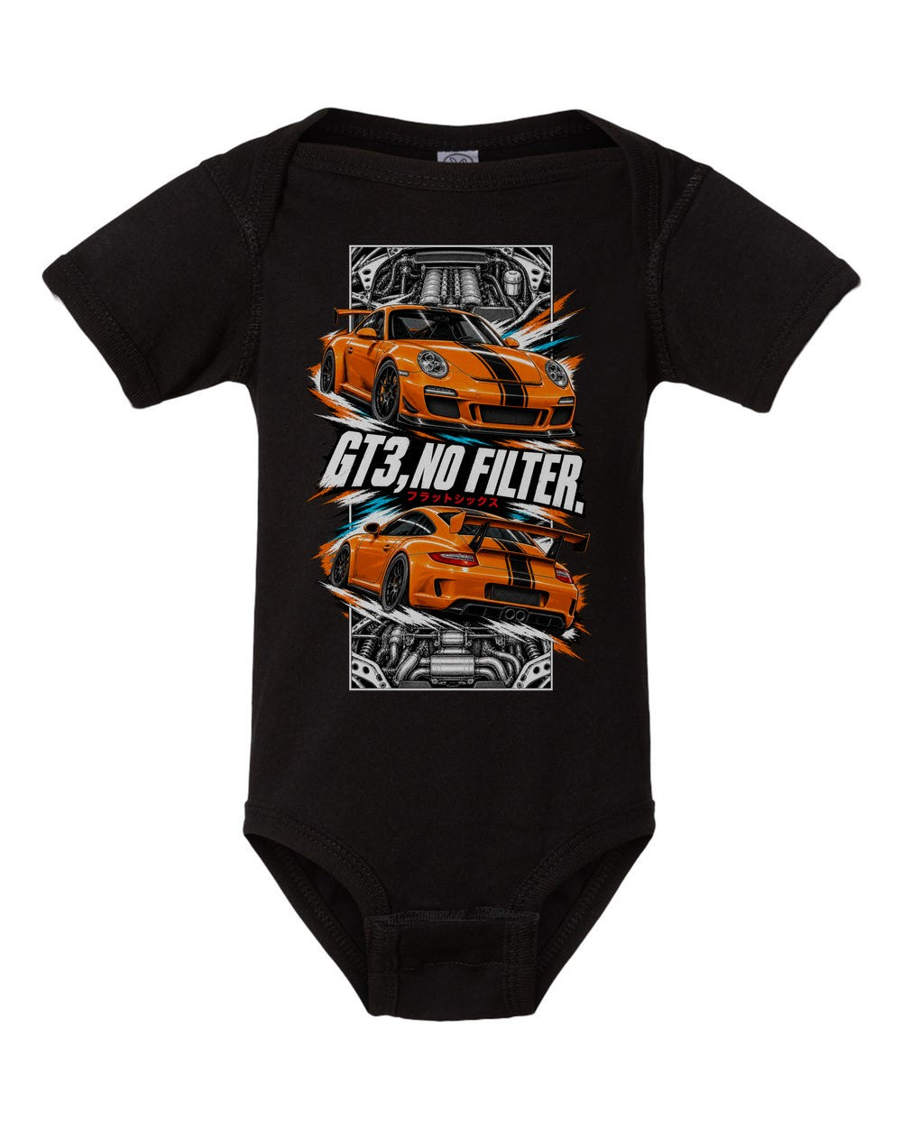 Porsche 997 Gt3 torn poster black baby onesie front view