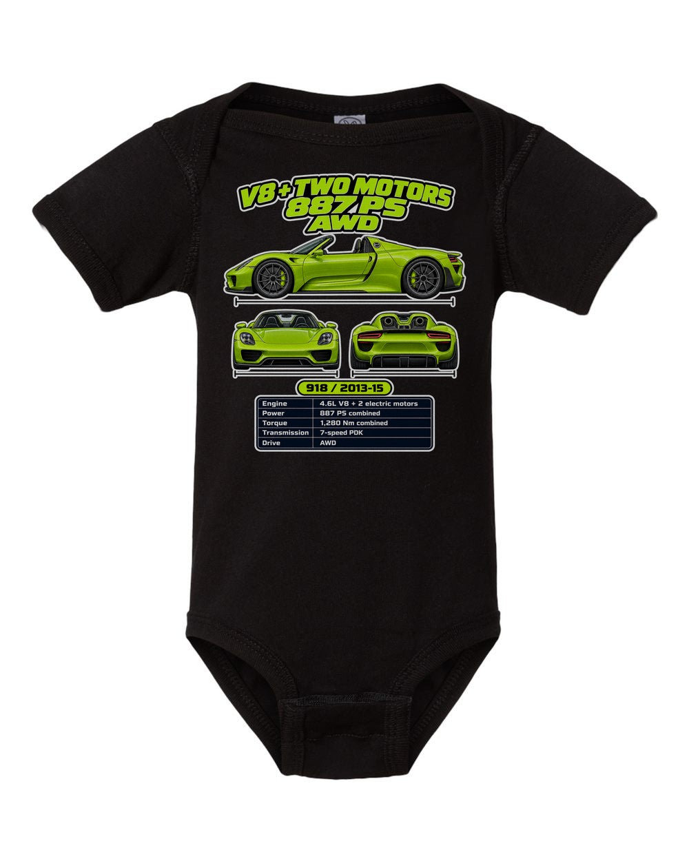 Porsche 918 Spyder spec sheet black baby onesie front view
