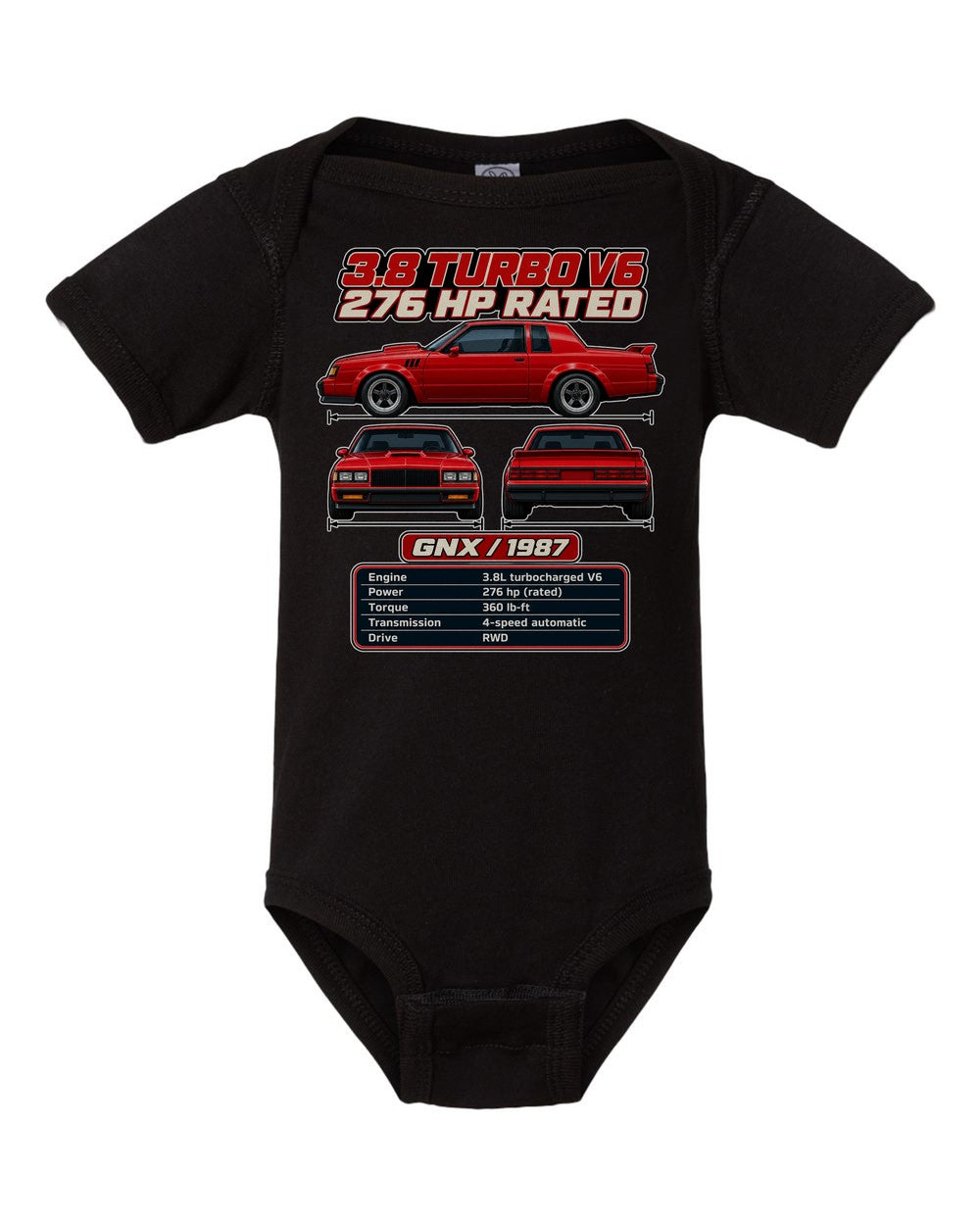 Buick Grand National Gnx spec sheet black baby onesie front view