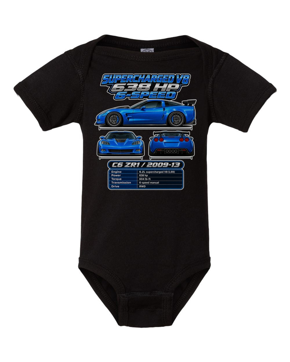 Chevrolet Corvette C6 Zr1 spec sheet black baby onesie front view