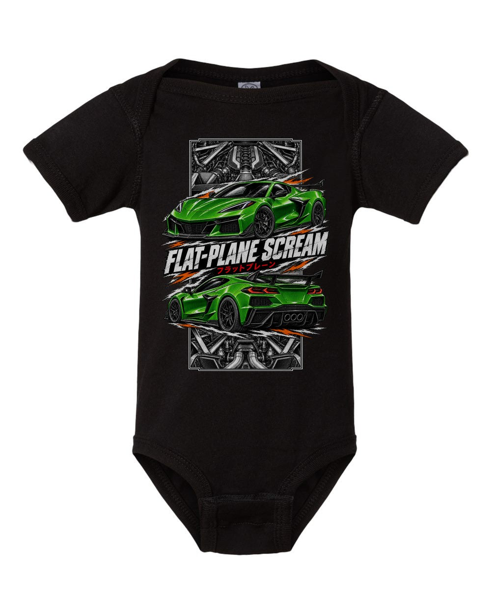 Corvette C8 Z06 torn poster black baby onesie front view