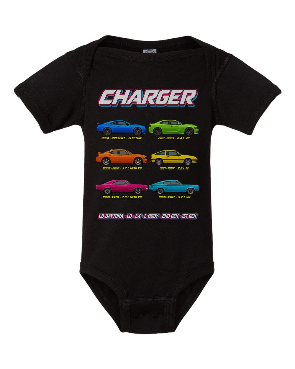Dodge Charger evolution poster black baby onesie front view