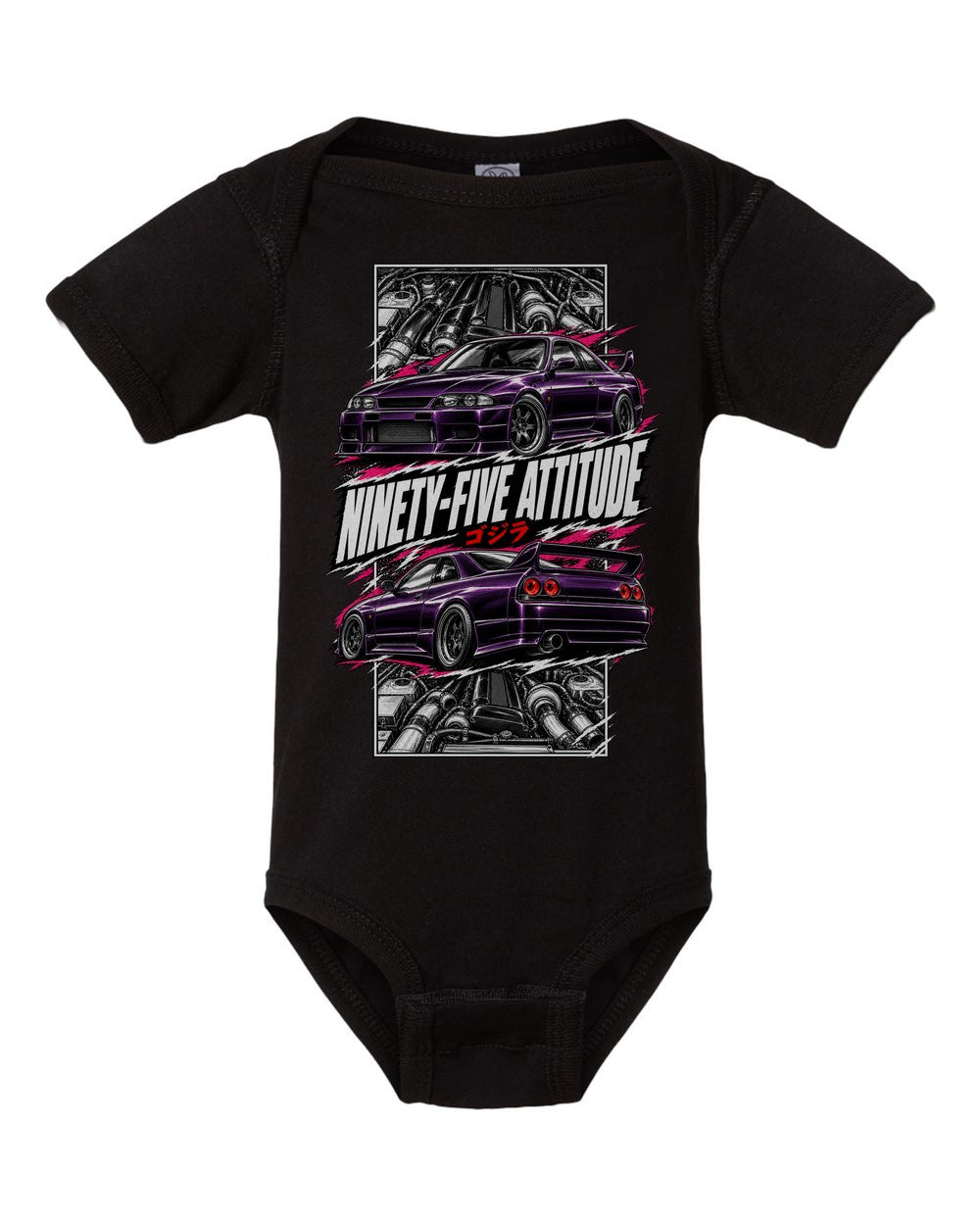 Nissan Skyline GT-R R33 torn poster black baby onesie front view