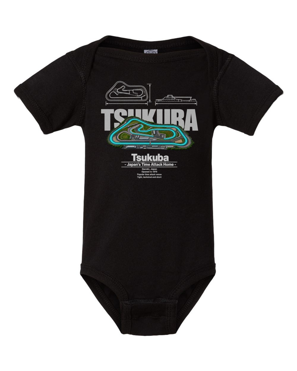 Tsukuba black baby onesie front view