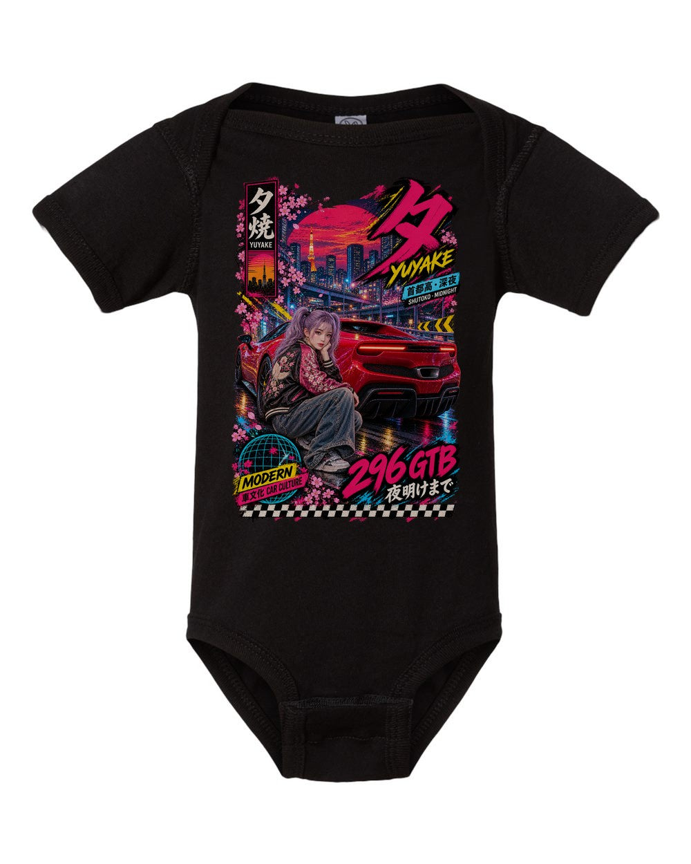 YUYAKE 296 GTB black baby onesie front view with artwork