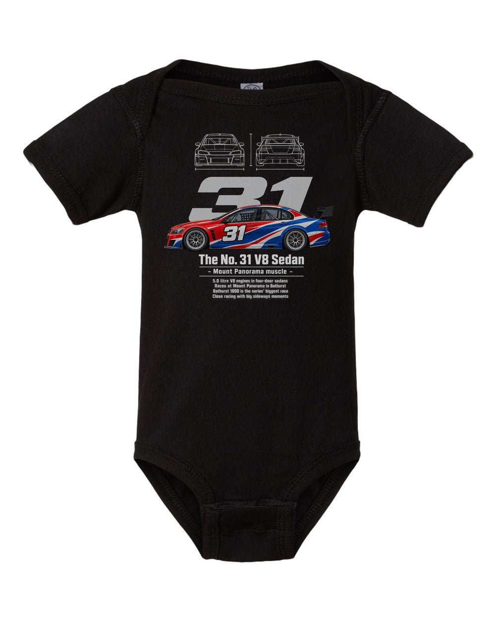 No. 31 V8 Sedan black baby onesie front view