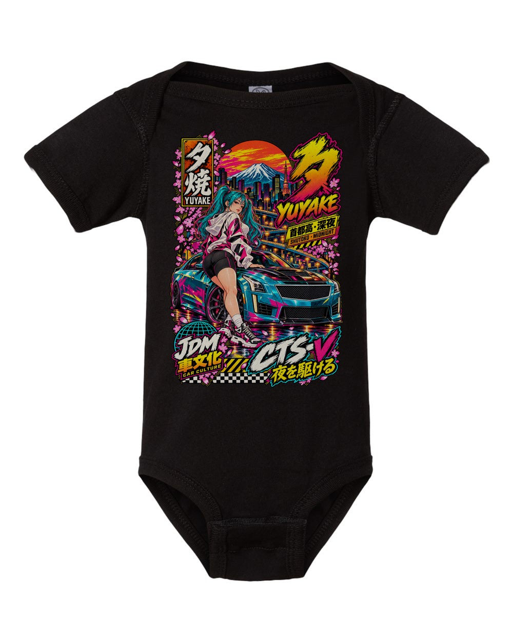 YUYAKE CTS-V black baby onesie front view with artwork