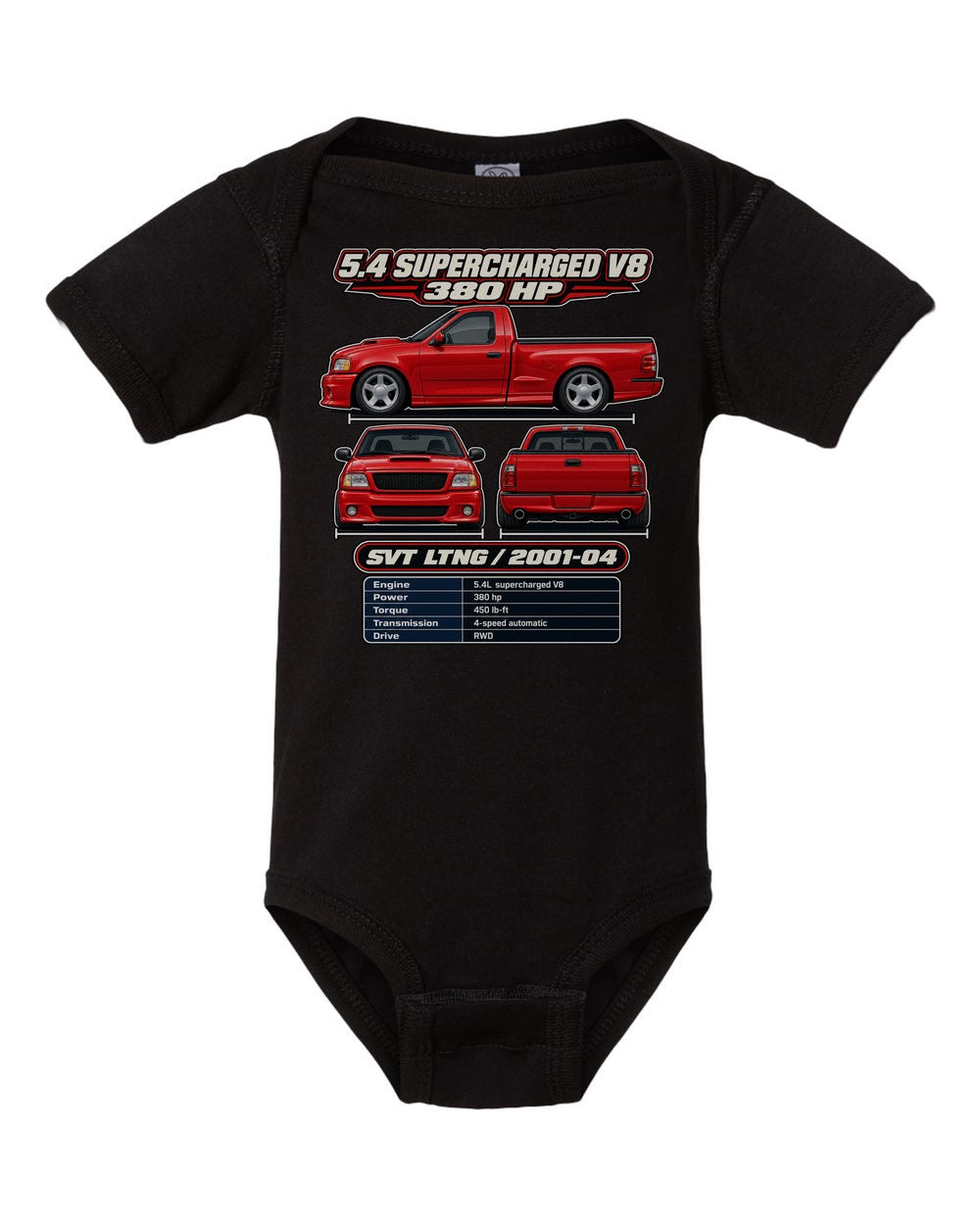 Ford F 150 SVT Lightning spec sheet black baby onesie front view
