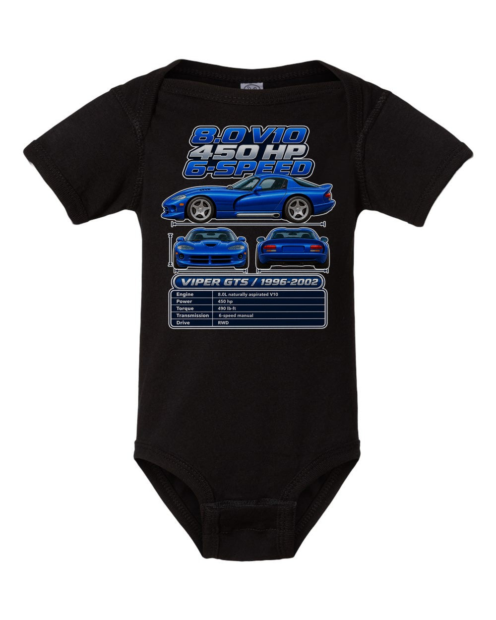 Dodge Viper Gts spec sheet black baby onesie front view