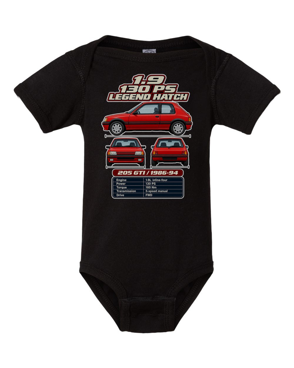 Peugeot 205 Gti 19 spec sheet black baby onesie front view