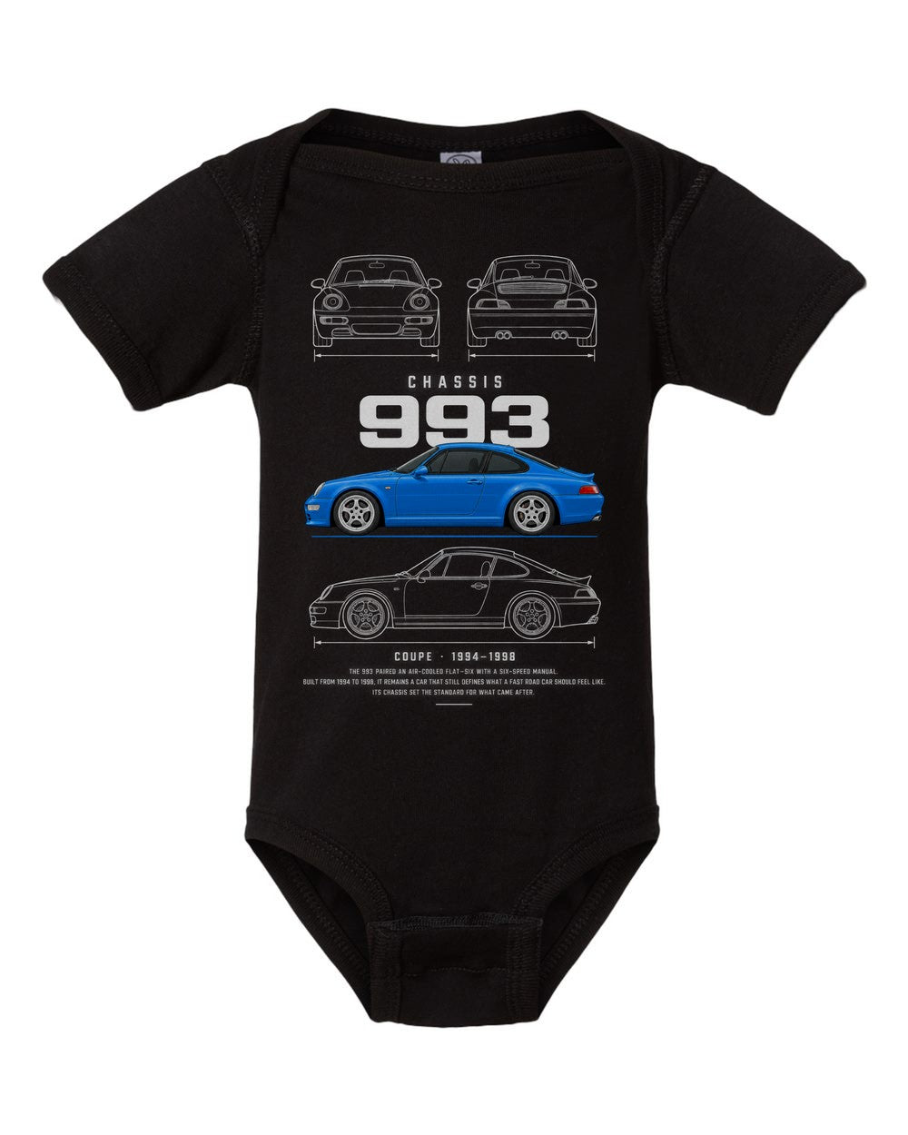 993 artwork black baby onesie front view