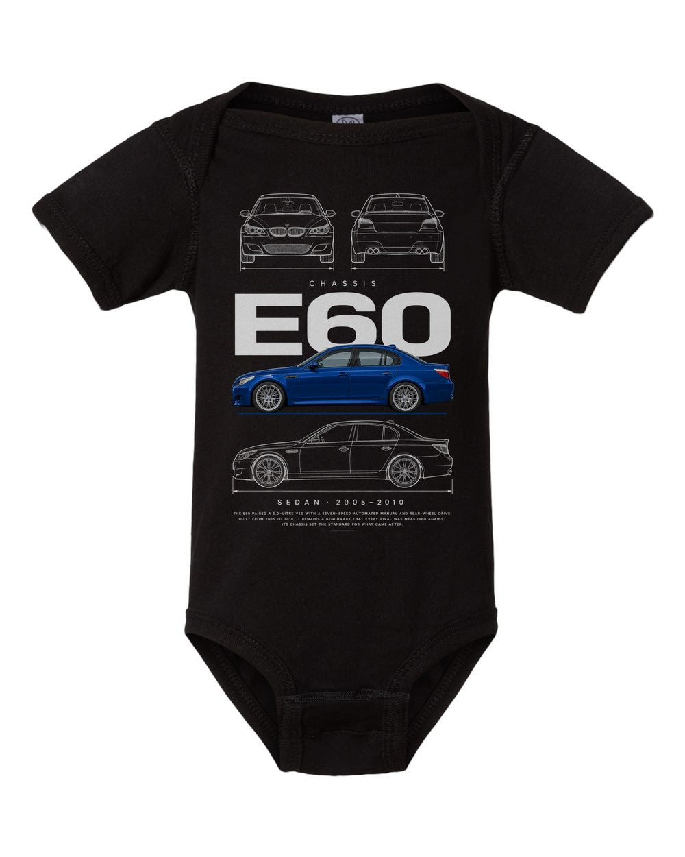 E60 artwork black baby onesie front view