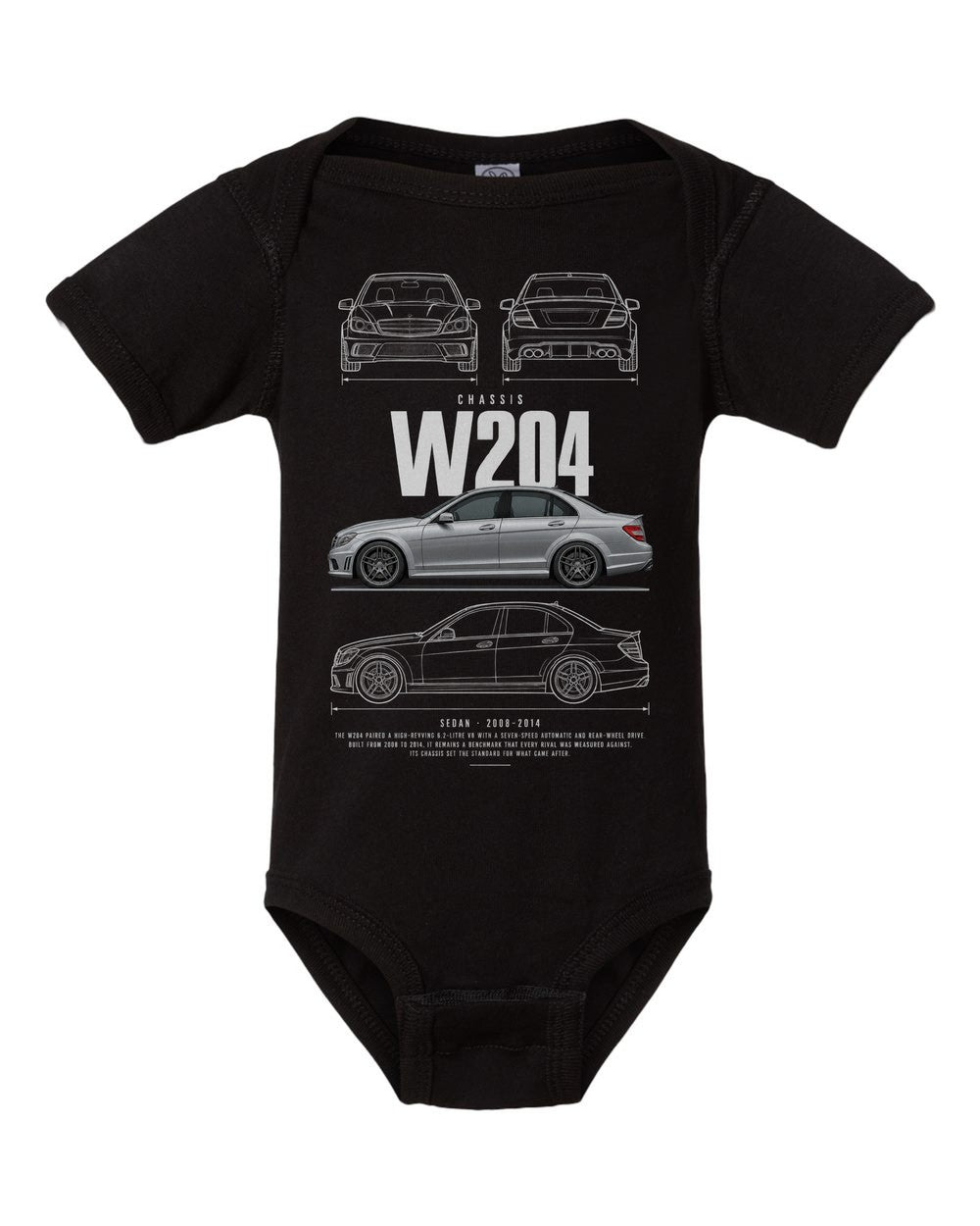W204 artwork black baby onesie front view