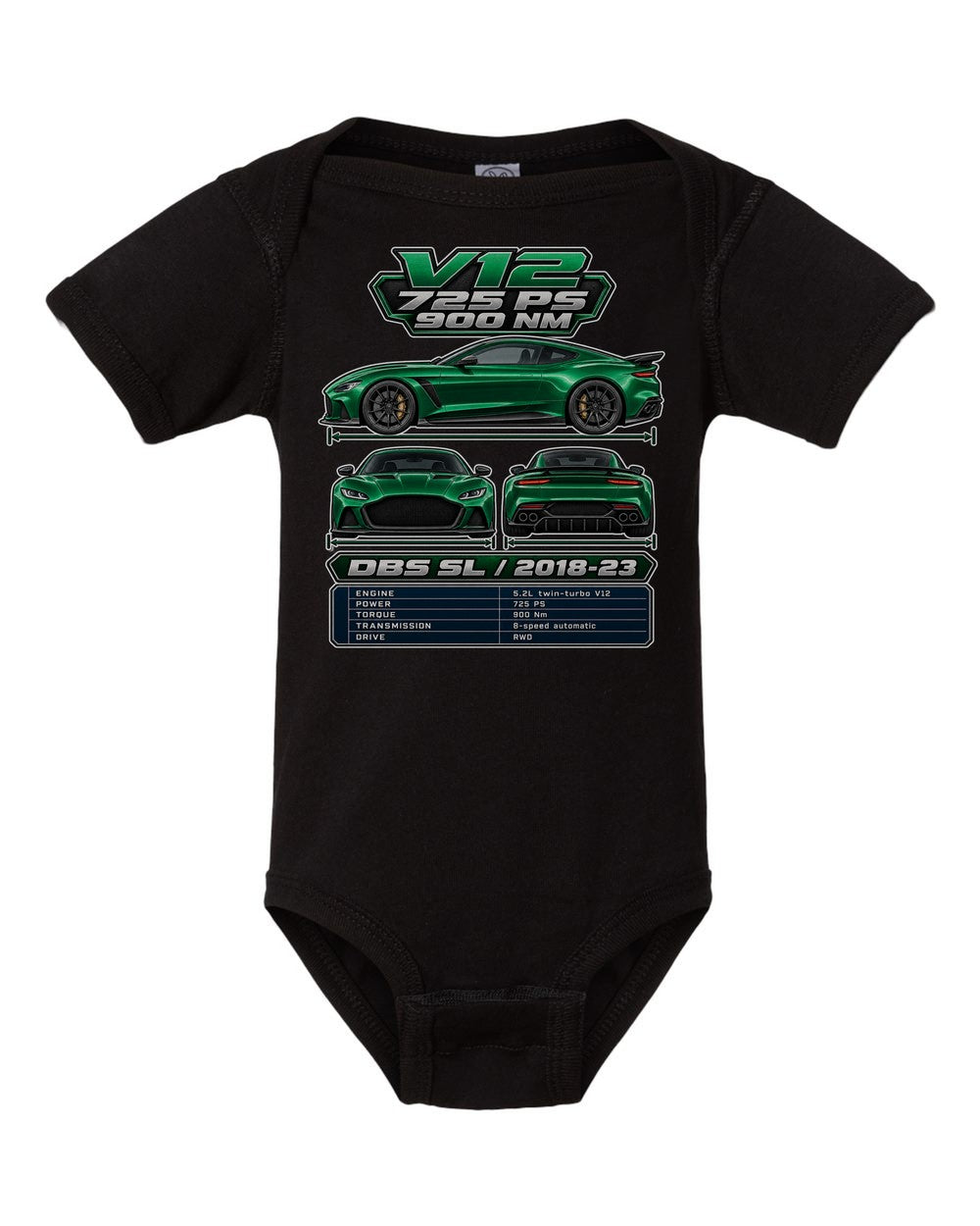 Aston Martin Dbs Superleggera spec sheet black baby onesie front view