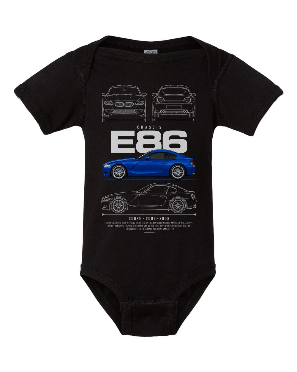 E86 artwork black baby onesie front view
