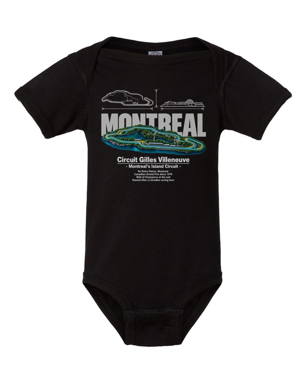 Circuit Gilles Villeneuve black baby onesie front view