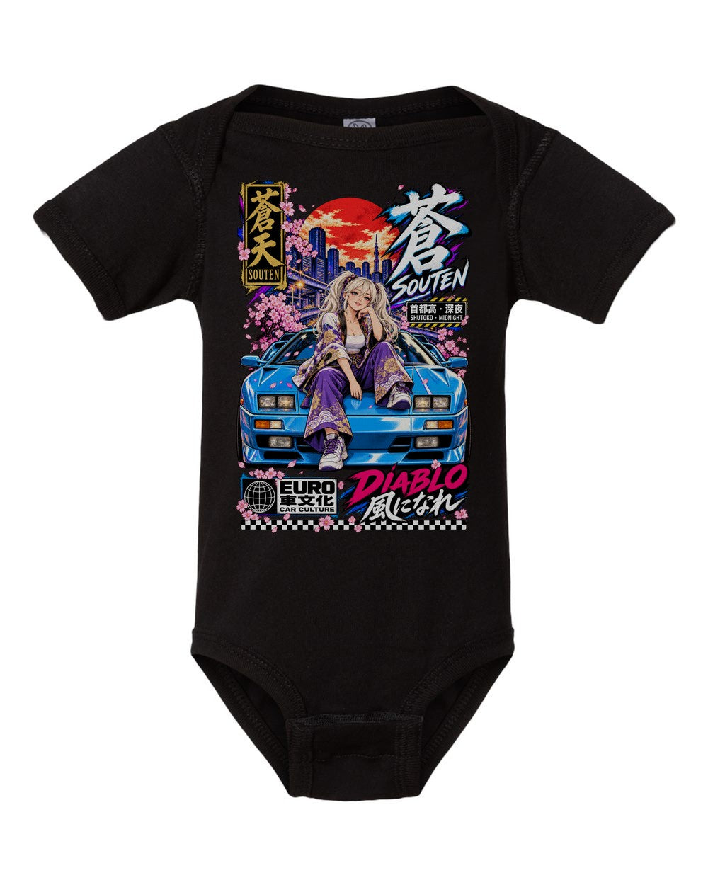 SOUTEN DIABLO black baby onesie front view with artwork