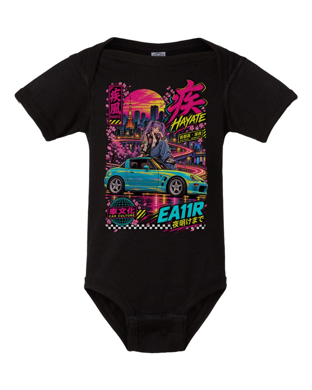 HAYATE EA11R black baby onesie front view with artwork