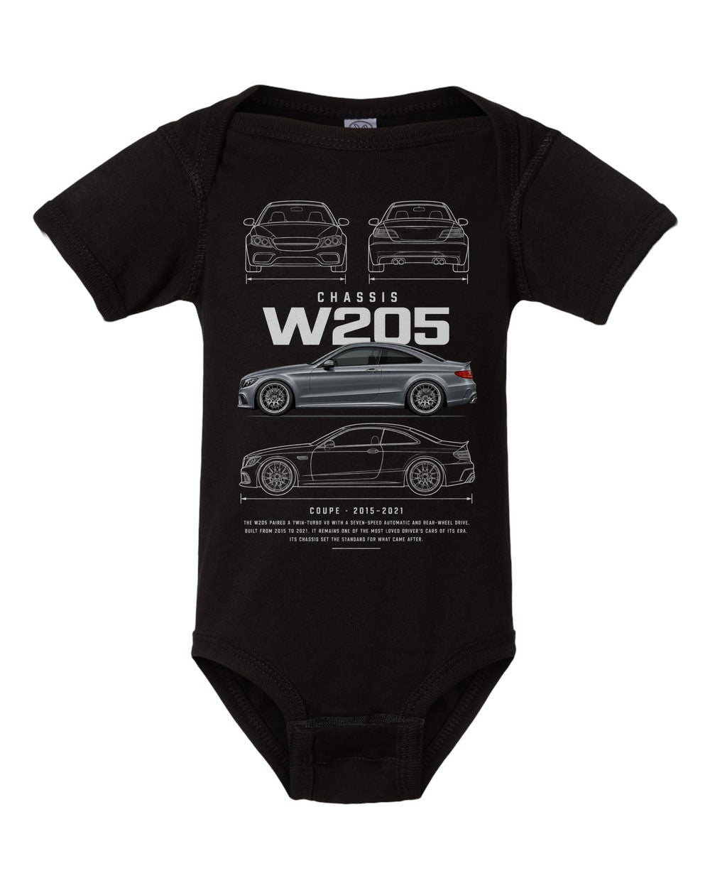 W205 artwork black baby onesie front view