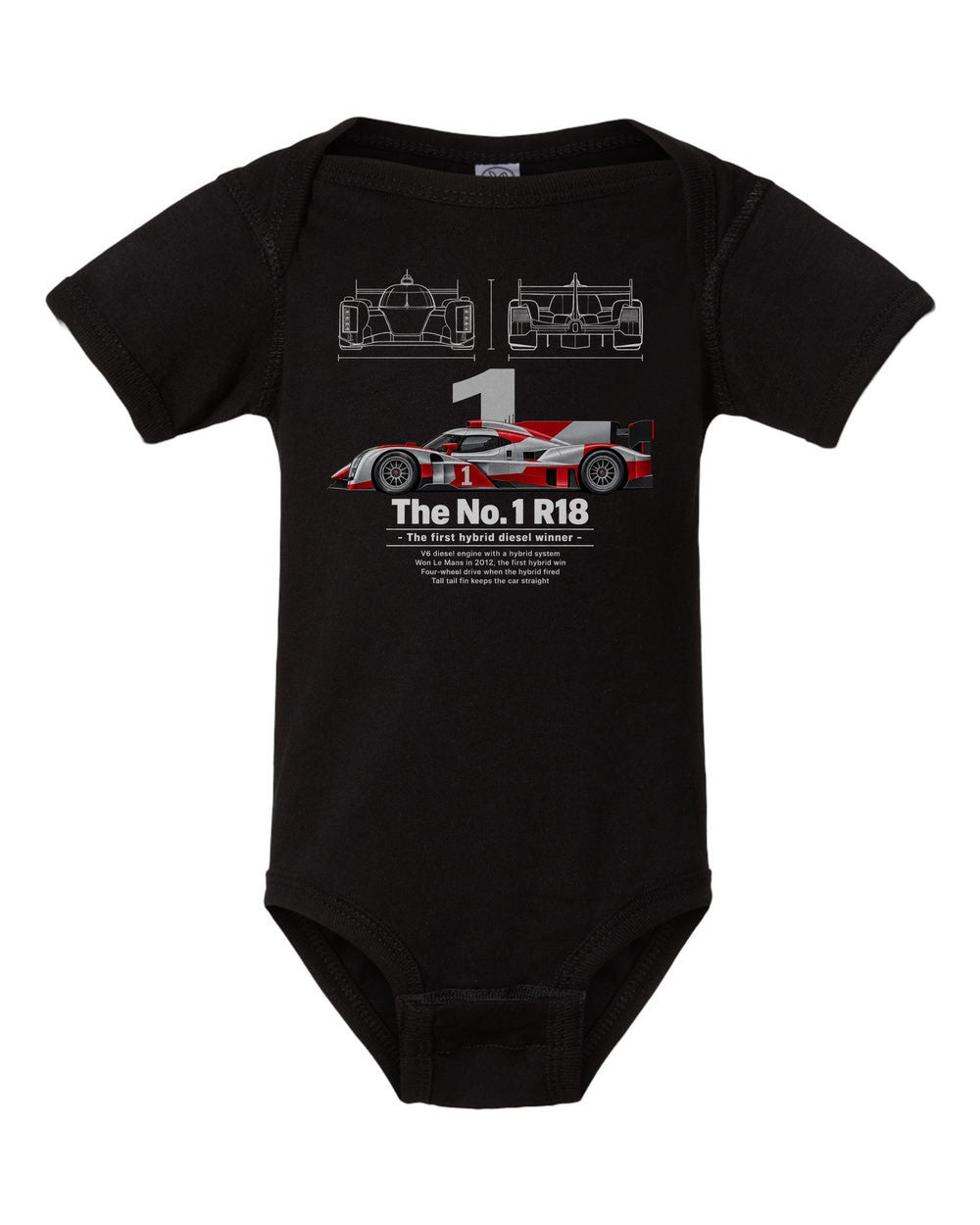 No. 1 R18 black baby onesie front view