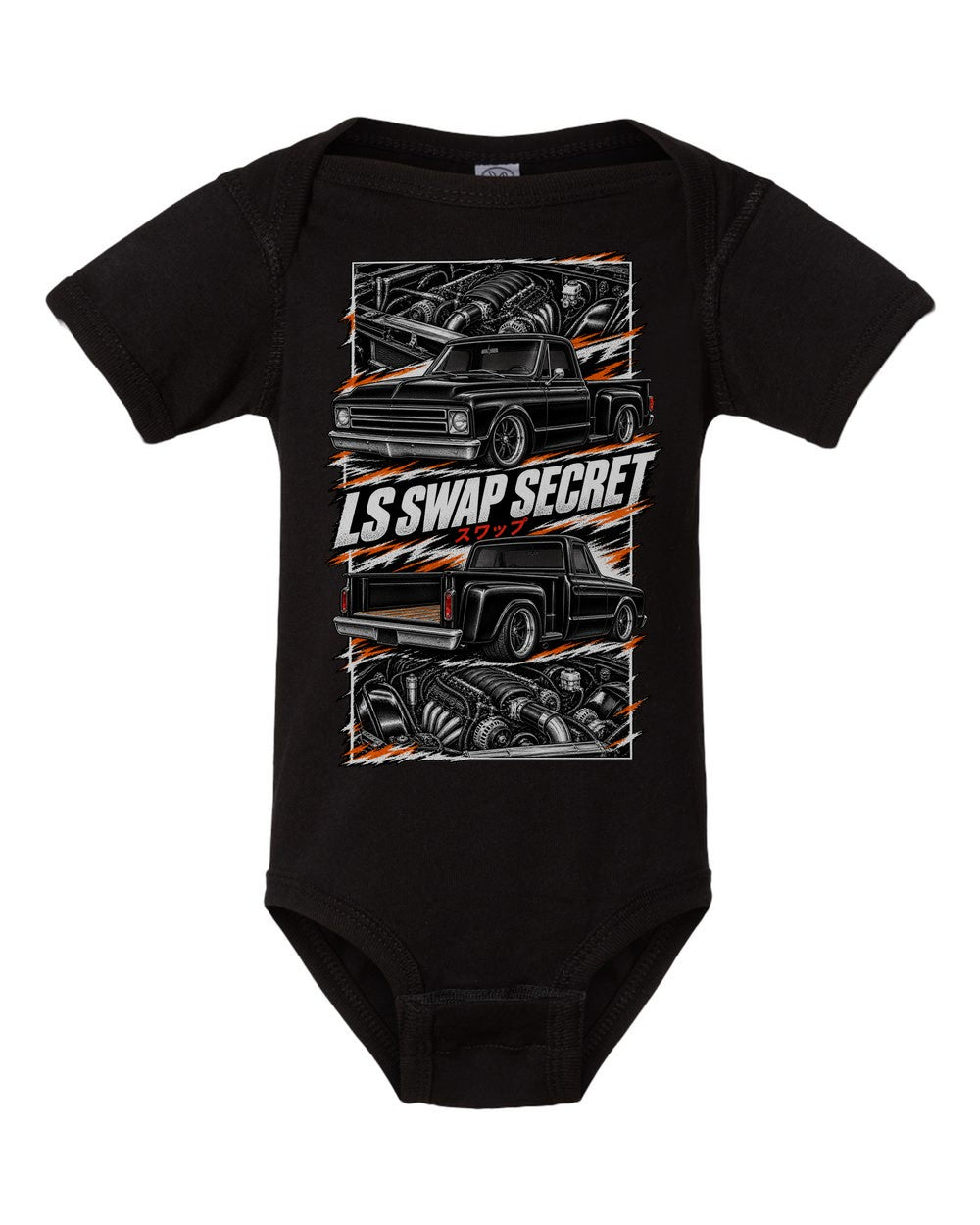 Chevy C10 LS Swap torn poster black baby onesie front view