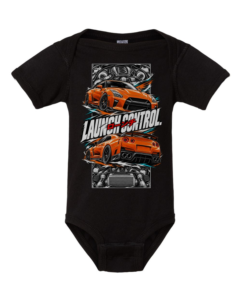 Nissan GT-R R35 torn poster black baby onesie front view