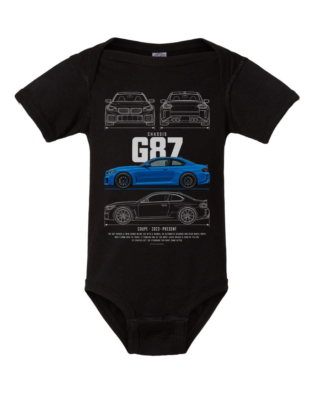 G87 artwork black baby onesie front view