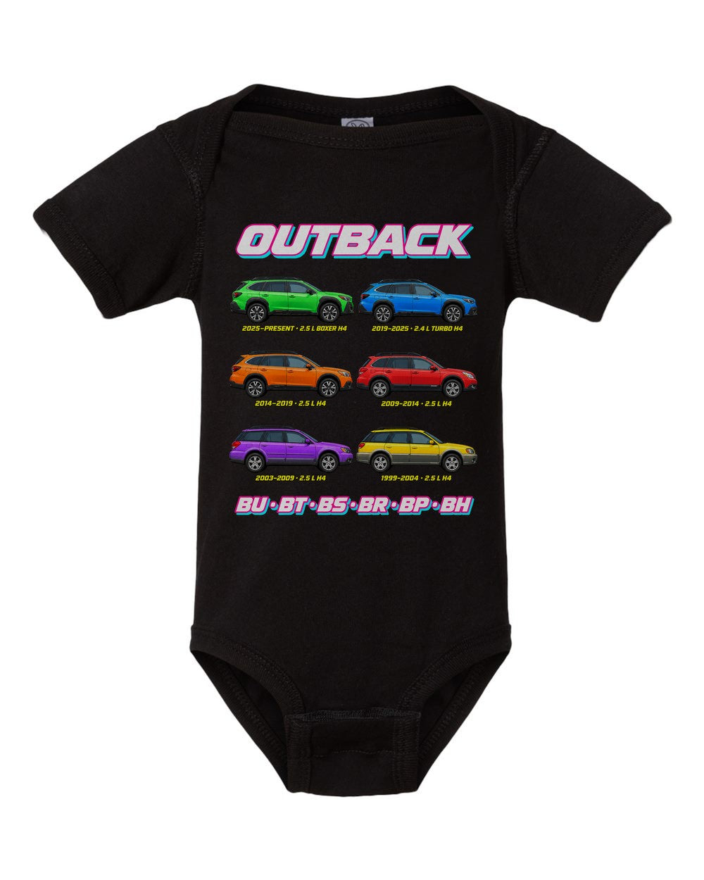 Subaru Outback evolution poster black baby onesie front view